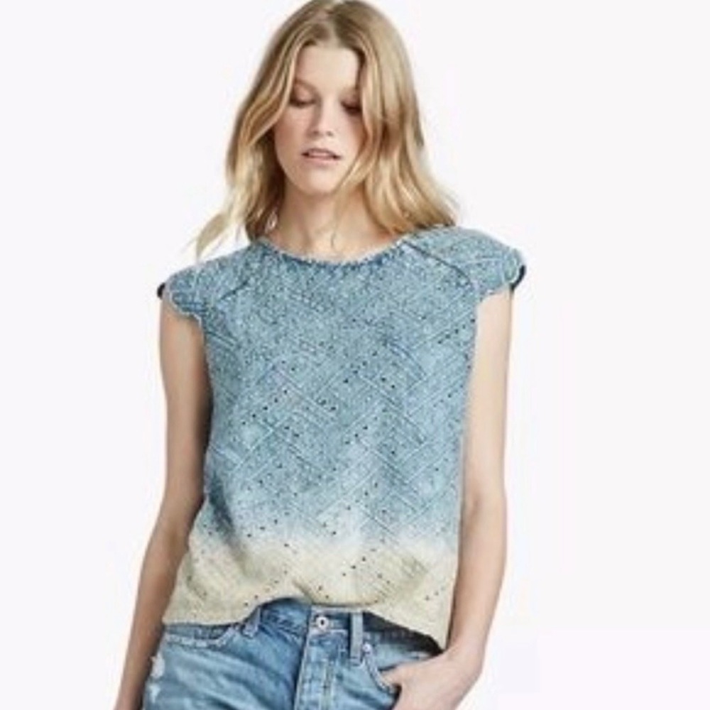 Lucky Brand Eyelet Top Sleeveless Open Back Blue‎ Ombre Boho Chic Size S